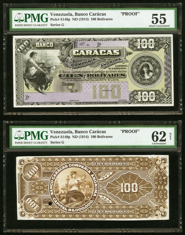 Venezuela Banco Caracas 100 Bolivares ND (1914) Pick S149p Face and Back Proofs....