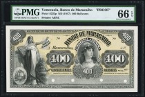 Venezuela Banco de Maracaibo 400 Bolivares ND (1917) Pick 222p Front Proof PMG Gem Uncirculated 66 EPQ. A beautifully engraved large sized front proof...
