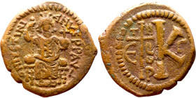 Justinian I (527-565) Half Follis. Antioch . Obverse: Justinian on throne. Reverse: Large K and Cross. THEUP

 27mm 8.66g