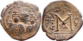 Heraclius and Hercalius. Constantine (610-641) Follis. Obverse: Heraclius on left, Heraclius Constaninte on right, . Reverse: ANNO, Large M, cross abo...