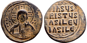 Anonymous Follis attributed to Basil II (976-1025) Obverse: +ЄMMA-NOVH / IC-XC Nimbate bust of Christ Pantokrator Reverse: + IhSYS XRISTYS bASILEY bAS...