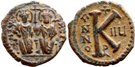 Justin II and Sophia (565-578) Half Follis Obverse: DN IVSTINVS PP AVG Justin and Sophia on thrones Reverse: Large K between ANNO and regnal year

 ...