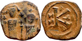 Heraclius and Hercalius. Constantine (610-641) Half Follis. Obverse: Heraclius on left, Heraclius Constaninte on right, . Reverse: ANNO, Large K, cros...