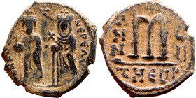 Phocas and Leontia.(602-610). Follis. . Obverse: Standing Phocas and Leonita Reverse: Large m between ANNO and regnal year.

 24mm 9.55g