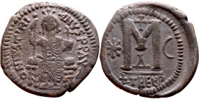 Justinian I (527-565) Follis. Antioch . Obverse: Justinian on throne. Reverse: Large Large M and Cross. THEUP

 32mm 16.43g