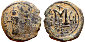 Heraclius and Hercalius. Constantine (610-641) Follis. Obverse: Heraclius on left, Heraclius Constaninte on right, . Reverse: ANNO, Large M, cross abo...