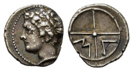 Gaul, Massalia, c. 218/5-200 BC. AR Obol (10mm, 0.70g). Bare head of Apollo l. R/ M A within wheel of four spokes. Depeyrot, Marseille 18; SNG Leipzig...