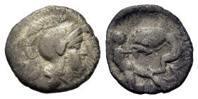 Italy, Southern Apulia, Tarentum, c. 380-325 BC. AR Diobol (11.6mm, 0.80g). Helmeted head of Athena r. R/ Herakles standing r., strangling Nemean Lion...
