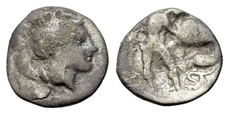 Italy. Southern Apulia. Tarentum, c. 380-325 BC. AR Diobol (12mm, 0.8g). Helmete...