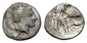 Italy. Southern Apulia. Tarentum, c. 380-325 BC. AR Diobol (12mm, 0.8g). Helmeted head of Athena r., helmet decorated with hippocamp. R/ Herakles stan...