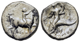 Italy. Southern Apulia. Tarentum, c. 272-240 BC. AR Nomos (18,2mm, 5.6g). RNude youth on horseback right, crowning horse and holding rein. R/ Phalanth...