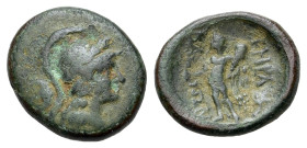 Italy. Southern Lucania. Herakleia, c. 3rd-1st centuries BC. Æ (14mm, 2.18g). Helmeted head of Athena right; bow in bow-case to left. Herakles standin...