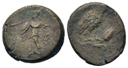 Italy. Southern Lucania. Metapontion, c. 225-200(?) BC. Æ (15,8mm, 2.6g). Athena Alkedeimos advancing l. R/ Owl standing r., head facing on grain ear....