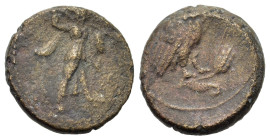 Italy. Southern Lucania, Metapontion, c. 225-200(?) BC. Æ (14,7mm, 3g). Athena Alkedeimos advancing r. R/ Owl standing r., head facing on grain ear. J...