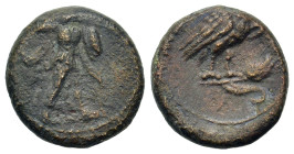 Italy. Southern Lucania, Metapontion, c. 225-200(?) BC. Æ (14,4mm, 3g). Athena Alkedeimos advancing r. R/ Owl standing r., head facing on grain ear. J...