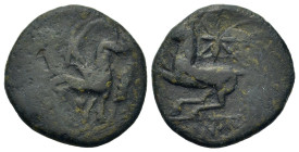 Sicily, "Kainon", c. 360-340 BC. Æ (22,7mm, 6.6g). Griffin running left; grasshopper below. R/ Horse prancing left, reins loose; star above. Calciati ...