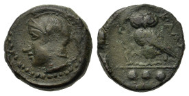 Sicily, Kamarina, c. 420-405 BC. Æ Tetras or Trionkion (13,9mm, 3.3g). Helmeted head of Athena left. R/ Owl standing left, head facing, grasping lizar...