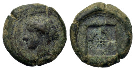Sicily, Syracuse. Second Democracy (466-405 BC). Æ Trias (17,6mm, 4.5g). Head of Arethousa left, hair in sphendone decorated with star. R/ Star of eig...