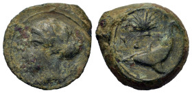 Sicily, Syracuse, c. 415-405 BC. Æ Hemilitron (16mm, 3.50g). Head of Arethusa l., hair bound in ampyx and sphendone; two leaves to r. R/ Dolphin swimm...