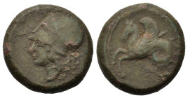 Sicily, Syracuse. Dionysios I (405-367 BC). Æ Litra (17,5mm, 6.6g). Helmeted and laureate head of Athena left. Rev: Bridled hippocamp left. CNS II 35;...