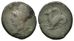 Sicily, Syracuse. Dionysios I (405-367 BC). Æ Litra (19mm, 4.8g). Head of Athena left, wearing Corinthian helmet with neck guard and bowl decorated wi...