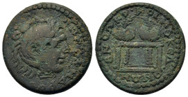 Macedon, Koinon of Macedon. Pseudo-autonomous issue. Time of Elagabalus (218-222). Æ (32,4mm, 12.7g). Head of Alexander the Great, right, wearing lion...