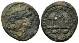 Macedon, Koinon of Macedon. Pseudo-autonomous issue. Time of Gordian III (238-244). Head of Alexander r. R/ Two temples facing each other, seen from a...