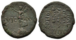 Macedon, Philippi. Pseudo-autonomous issue. Time of Claudius to Nero (41-68). Æ (19,2mm, 4.4g). Victory with wreath and palm, left, on base. R/ Three ...