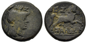 Macedon, Thessalonica, c. 2nd-1st century BC. Æ (17,8mm, 6g). Head of Athena r., wearing Corinthian helmet. R/ ΘEΣ-ΣAΛON-IKΩN, Horse pacing right. Mio...