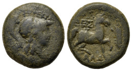 Macedon, Thessalonica, c. 187-31 BC. Æ (18mm, 6.40g). Helmeted head of Athena r. R/ Horse prancing r. Cf. SNG Copenhagen 360. Good Fine