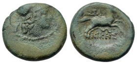 Macedon, Thessalonica, c. 168-31 BC. Æ (19mm, 4.7g). Helmeted head of Athena r. R/ Horse galloping to right; below, serpent. SNG Cophenagen 349 var.; ...