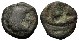 Kings of Macedon. Amyntas III (394/3-370/69 BC). Æ Tetrachalkon (15,8mm, 2.8g). Aigai or Pella c. 381-369. Head of Herakles r., wearing lion skin. R/ ...
