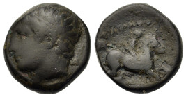 Kings of Macedon. Philip II (359-336). Æ (16,2mm, 6g). Uncertain mint. Diademed head of apollo l. R/ Horseman galloping r.