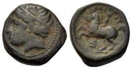 Kings of Macedon, Philip II (359-336 BC). Æ (17,2mm, 5.7g). Head of Apollo left, wearing tainia. R/ Horseman riding left; below head of lion. SNG ANS ...
