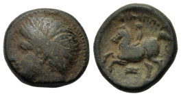 Kings of Macedon. Philip II (359-336 BC). Æ (16,6mm, 5.3g). Head of Apollo left, wearing tainia. R/ Horseman riding left; below head of lion r.. SNG A...