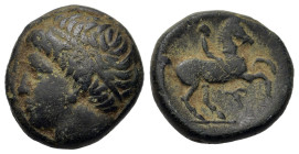 Kings of Macedon. Philip II (359-336 BC). Æ (17,4mm, 6.7g). Diademed head of apollo l. R/ Horseman r.; below bucranium. SNG ANS 887-888.