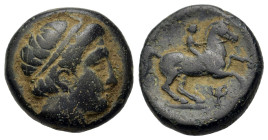 Kings of Macedon. Philip II (359-336 BC). Æ (17,9mm, 7g). Diademed head of apollo r. R/ Horseman r.; below kantharos. Apparently unpublished.