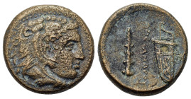 Kings of Macedon, Alexander III 'the Great' (336-323 BC). Æ Unit (19mm, 6,60g). Miletos, 323-319. Head of Herakles r., wearing lion skin. R/ Bow in bo...