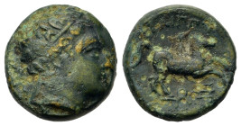 Kings of Macedon. Philip II (359-336 BC). Æ Unit (16,2mm, 6g). Uncertain mint in Macedon. Diademed head of Apollo r. R/ Youth on horseback riding righ...