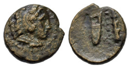 Kings of Macedon. Alexander III (336-323 BC). Æ (11mm, 1.3g). Herakles head r. wearing lion's skin headdress. R/ Bowcase and club.