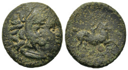 Kings of Macedon, Kassander (316-297 BC). Æ (18,4mm, 4.9g). Macedon mint, 306/5-297. Head of Herakles r., wearing lion's skin headdress. R/ Rider on h...
