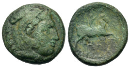 Kings of Macedon, Kassander (305-298 BC). Æ (20mm,6.40g). Uncertain mint in Macedon, 306/5-297. Head of Herakles r., wearing lion skin. R/ Rider on ho...