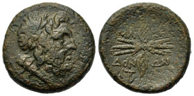 Kings of Macedon. Time of Philip V and Perseus (187-168 BC). Æ (22mm, 9.9g). Uncertain Macedonian mint. Laureate head of Zeus r. R/ Thunderbolt; monog...