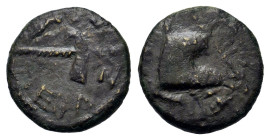 Rhoemetalkes I with Augustus. Thrace. Circa 11 BC-AD 12. Æ (13,1mm, 1.4g). Fasces and capricorn right. R/ Male head right above sella; monogram on sel...