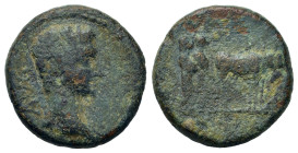 Augustus (27 BC-AD 14). Macedon, Philippi. Æ (18.2mm, 5.20g). Bare head r. R/ Two pontiffs driving team of oxen r., plowing pomerium. RPC I 1656. Fine...