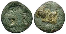 Augustus (27 BC-AD 14). Asia Minor(?). Æ (24,7mm, 5.2g). c/m’s: TI CAE in incuse rectangle, AVG in incuse rectangle, helmet(?) surrounded by four pell...