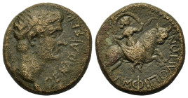 Divus Augustus (Died 14). Macedon, Amphipolis. Æ (20,3mm, 9.6g). Bare head r. R/ Artemis Tauropolos: Artemis riding bull right, holding billowing sail...