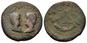 Nero (54-68). Troas, Ilium. Æ (23,5mm, 7.6g). Bare head of Nero facing draped bust of Agrippina II. R/ Statue of Athena standing left, holding spear a...
