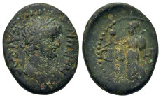 Nero (54-68). Pamphylia, Side. Æ hemiassarion (16,8mm, 4.8g). Bare-headed and draped bust of Nero to r. R/Athena advancing l., holding shield with her...