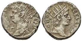 Nero and Divus Augustus (54-68). Egypt, Alexandria. BI Tetradrachm (25.3mm, 13g) , year 13 (AD 66/7). Radiate bust of Nero l., wearing aegis. R/ Radia...